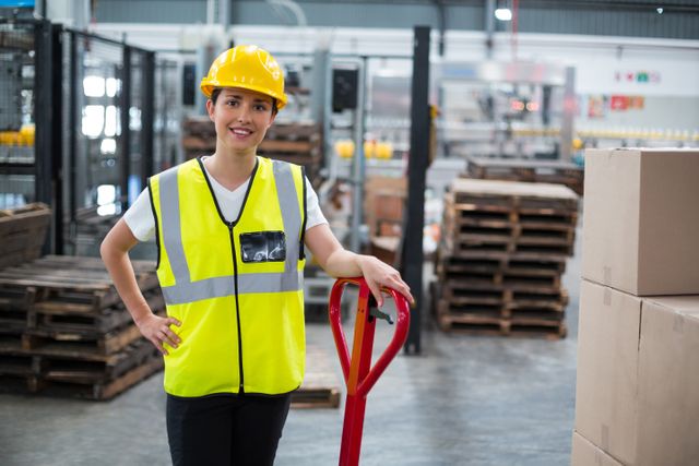 Female worker standing confidently in a warehouse, wearing a safety vest and hard hat. She is smiling and has one hand on her hip, with a pallet jack beside her. This image can be used for promoting workplace safety, industrial job opportunities, manufacturing processes, and employee training programs.