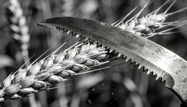 Serrated sickle cutting wheat spike with flying chaff, high-contrast monochrome macro