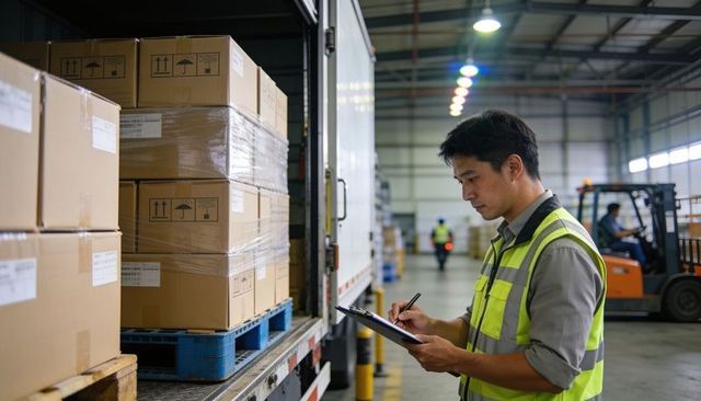 Asian warehouse worker inspecting shipment at loading dock with clipboard and high-visibility vest
