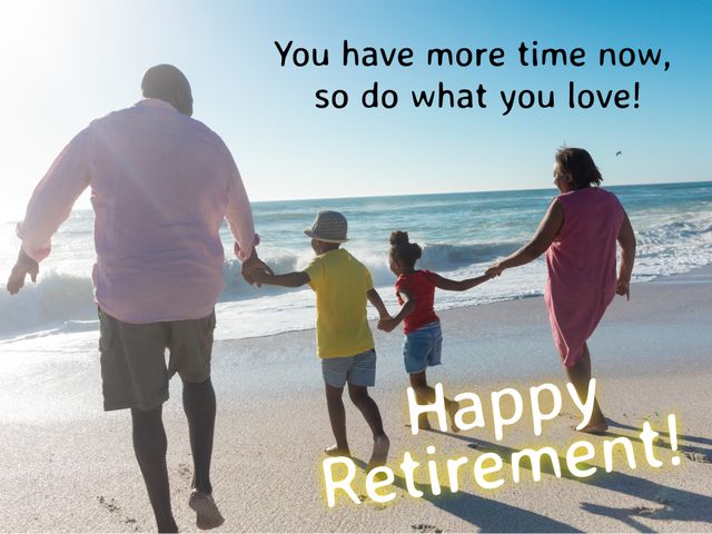 Ideal for use in retirement planning brochures, advertisements for senior living communities, or inspirational posts about family and leisure time during retirement. This themed image conveys joy, family unity, and relaxation, making it perfect for showcasing the positive aspects of retirement life by the beach.