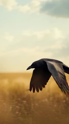 Raven gliding and scanning over golden grassland at dusk | Vertical wildlife flight video