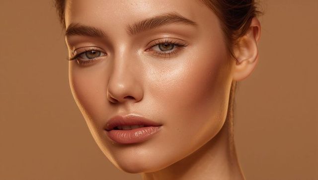 Closeup beauty portrait showcasing glowing dewy skin, sculpted cheekbones and soft makeup