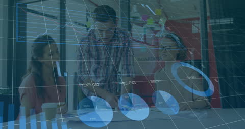 Diverse Colleagues Analyzing Statistics with Digital Overlay in Office