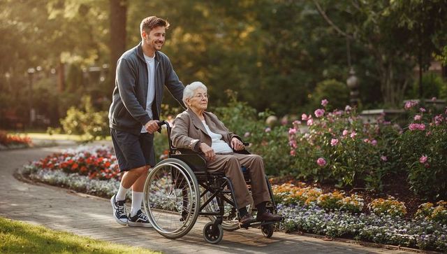 Young man pushing elderly woman in wheelchair along sunlit garden path