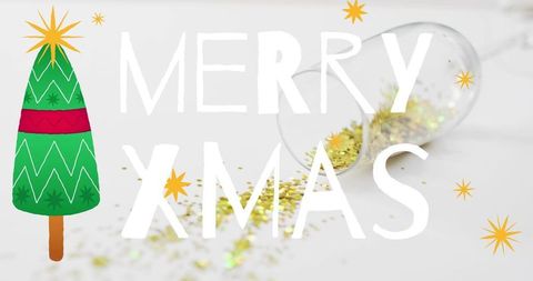 Merry Xmas Minimal Flatlay with Stylized Green Tree and Gold Confetti Ornament