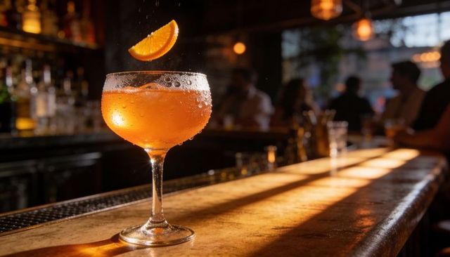 Effervescent orange cocktail in coupe glass with falling citrus wedge on bar counter