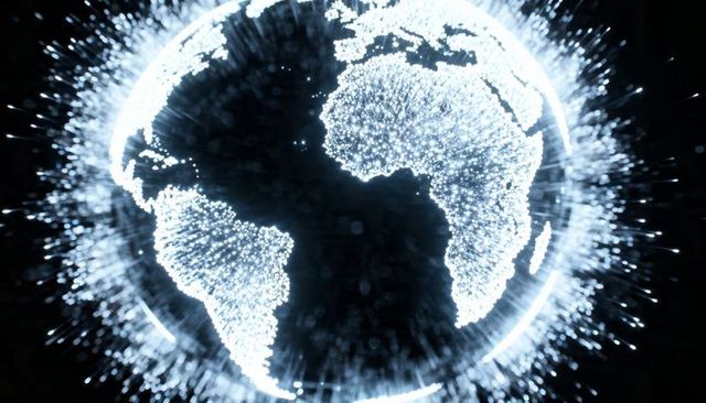 Pulsing digital globe highlighting atlantic continents with particle network and neon halo