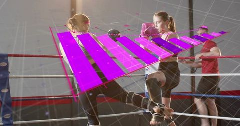 Female Fighters Delivering High Knee Sparring in Boxing Ring with Magenta Holographic Data Overlay