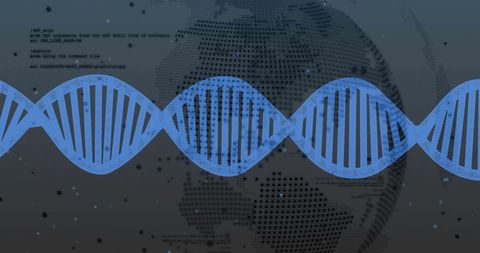 Digital representation of dna strand overlaid on world map
