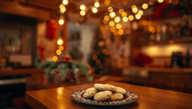 Warm holiday bokeh featuring ceramic plate of cookies on wooden table with twinkle lights
