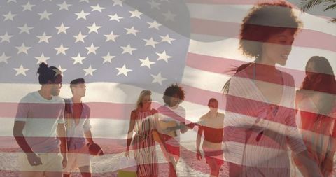 Group of Friends Enjoying Sunset Beach with American Flag Overlay