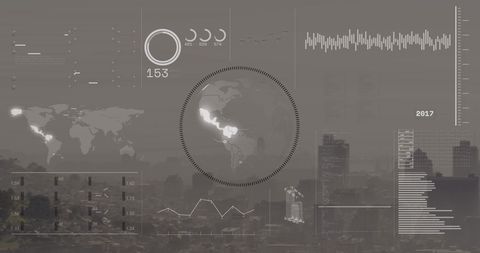 Futuristic Data Interface Over Cityscape with Spinning Globe - Download Free Stock Images Pikwizard.com