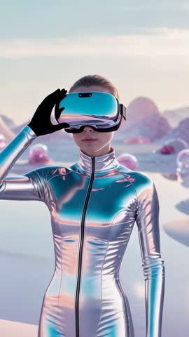 Model stabilizing mirrored VR headset in iridescent bodysuit — vertical tech fashion video