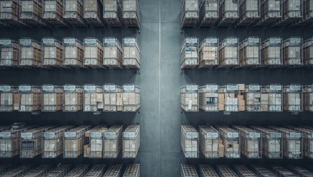 Overhead warehouse aisle featuring stacked pallet cages, labeled boxes, orderly racking