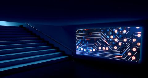Futuristic digital data display in high-tech staircase ambiance