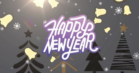 Festive Happy New Year Greeting with Bells and Snowflakes