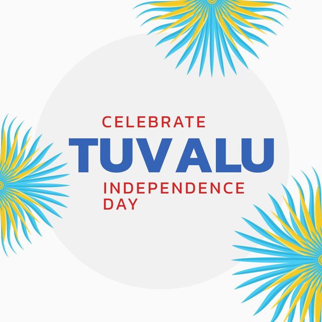 Tuvalu independence day text over round grey banner against floral designs on white background. Tuvalu independence day celebration concept