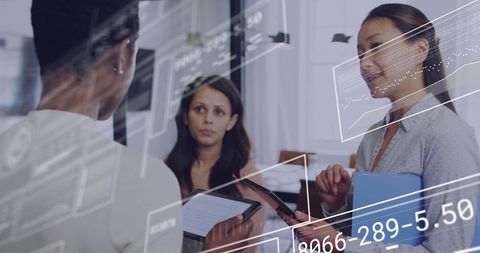 Diverse Team Discussing Data with Digital Interface Overlays - Download Free Stock Images Pikwizard.com