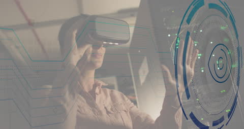 Woman Using VR Headset with Digital Interface in Data Center