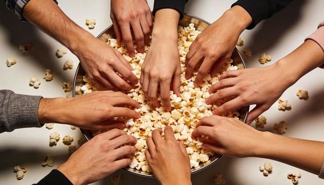 Multiple hands reaching for popcorn in large stainless steel bowl party snack sharing