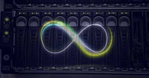 Vibrant infinity sign overlay on server data center