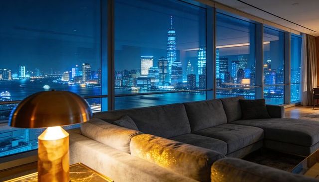 Overlooking waterfront night skyline from luxury penthouse with l-shaped sectional sofa