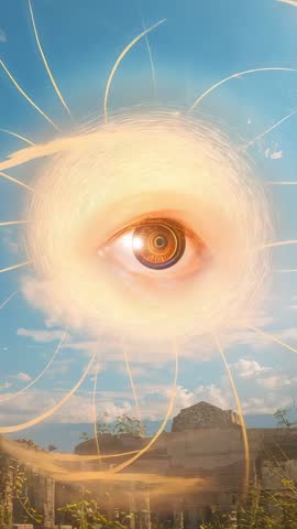 Vertical mystical eye forming above ancient ruins, glowing halo and pulsing ethereal arcs
