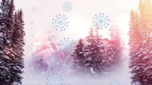 This scene shows an enchanting winter landscape with fir trees covered in snow, and subtle animations of snowfall. Embracing both natural and digital elements, this image is perfect for holiday-themed invitations and website backgrounds or for creating a festive ambiance for Christmas or winter events.