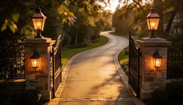 Sunlit gated driveway with stone pillars and glowing lanterns guiding winding estate path