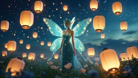 Fairy in enchanted meadow with glowing wings fantasy scene