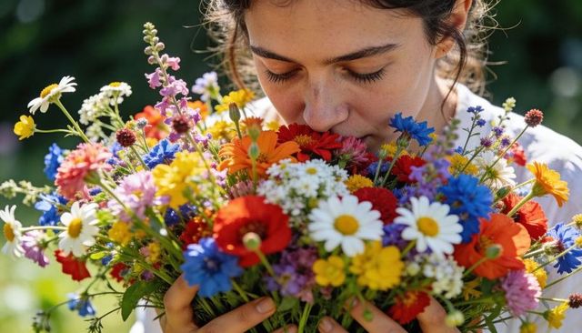 Young woman smelling vibrant wildflower bouquet in sunlit garden