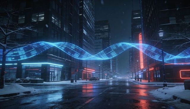 Glowing cyan data ribbon floating over snowy downtown street reflecting neon at night