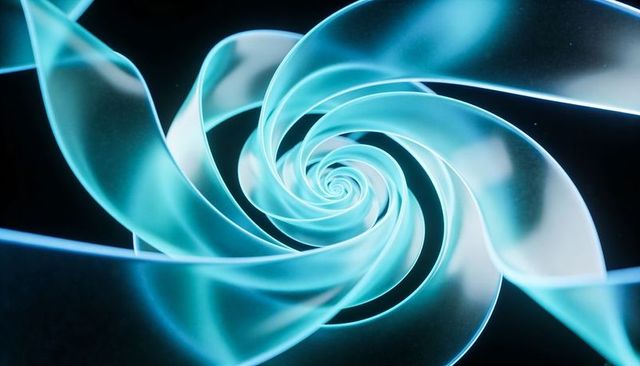 Swirling translucent teal spiral ribbon drawing eye inward revealing layered bands glow