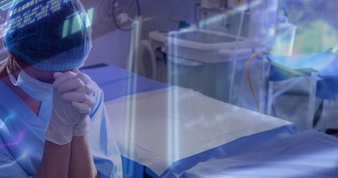 Surgeon Analyzing Holographic Data in High-Tech Operating Room