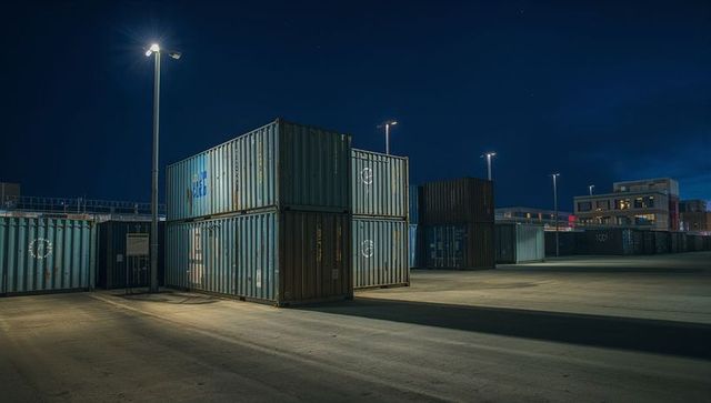 Stacked shipping containers at night under floodlights casting long shadows across yard