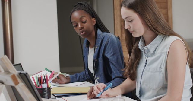 Two Teenage Girls Working Together on Homework - Download Free Stock Images Pikwizard.com