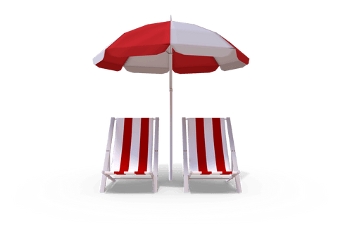 Transparent red and white sunshade and sun lounger arrangement