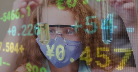 Scientist Analyzing Chemical Samples with Digital Interface Overlay