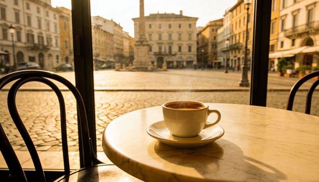 Basking espresso cup on marble table overlooking historic cobblestone piazza at sunrise