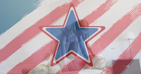 Mother and Daughter Enjoying Playtime with Artistic USA Flag Overlay