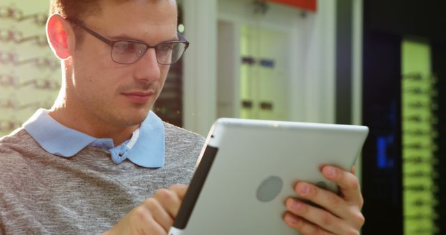 Focused Man with Glasses Using Tablet for Work or Study - Download Free Stock Images Pikwizard.com