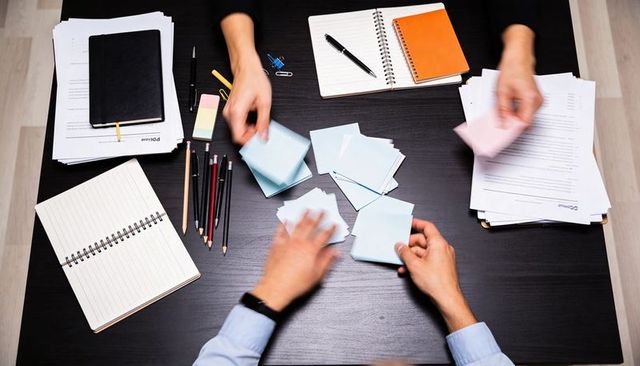 Hands sorting colorful sticky notes for team brainstorming, collaboration and task planning