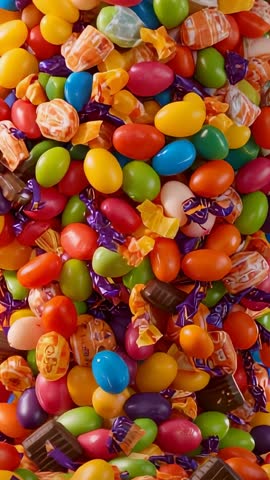 Tilting vertical video revealing colorful jellybean and wrapped hard candy pile