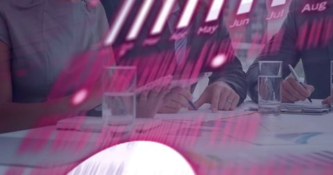 Innovative Business Meeting with Digital Financial Analysis Overlay