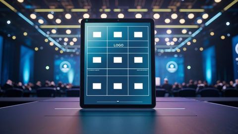 Tablet with grid displaying logo on stage at corporate event
