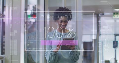 Diverse Businesswoman with Digital Data Graphics Utilizing Tablet Device