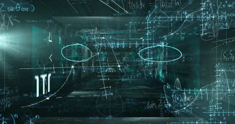 Futuristic Digital World with Overlaid Mathematical Equations
