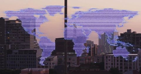 Violet holographic world map floating over dusk city skyline neon grid for global tech