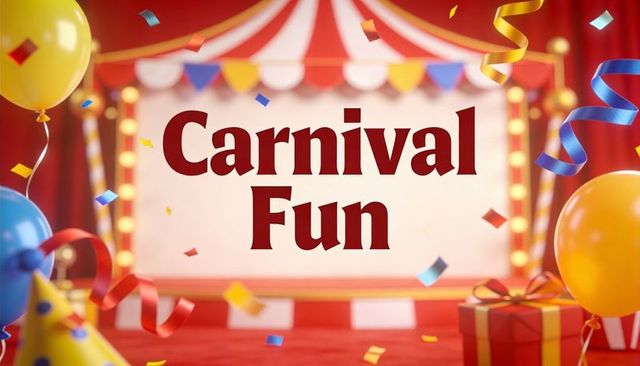 Carnival fun celebrating bright circus stage featuring balloons, confetti and gift box