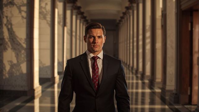 Confident businessman walking through marble columned corridor bathed in warm light